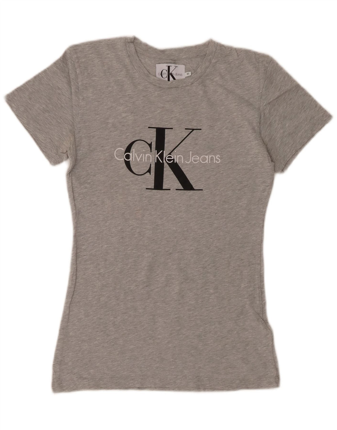 CALVIN KLEIN JEANS Womens Graphic T-Shirt Top UK 6 XS Grey Flecked Cotton