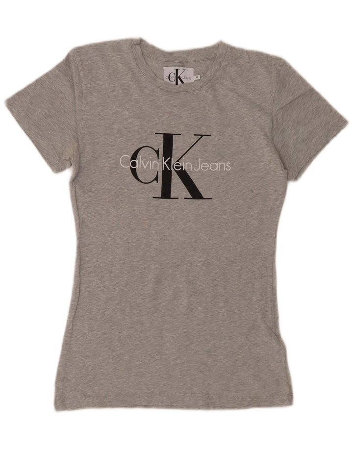 CALVIN KLEIN JEANS Womens Graphic T-Shirt Top UK 6 XS Grey Flecked Cotton
