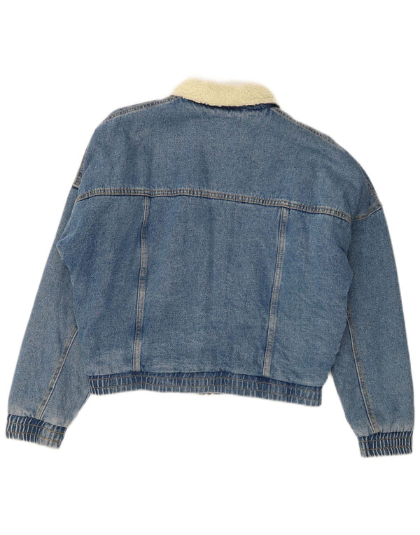 Karl Kani Womens Oversized Graphic Denim Sherpa Jacket UK 6 XS Blue Cotton