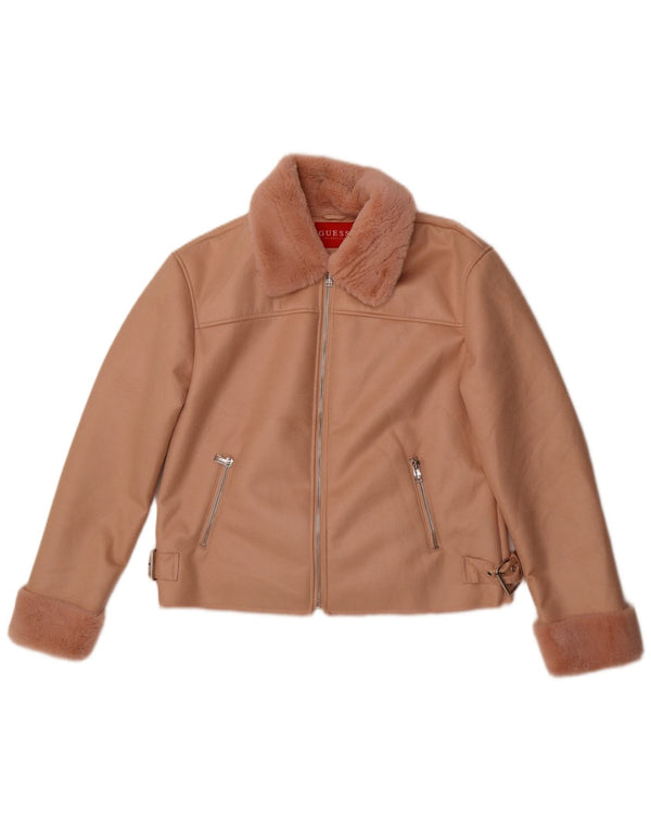 Guess Womens Faux Leather Sherpa Jacket UK 12 Medium  Pink Polyester