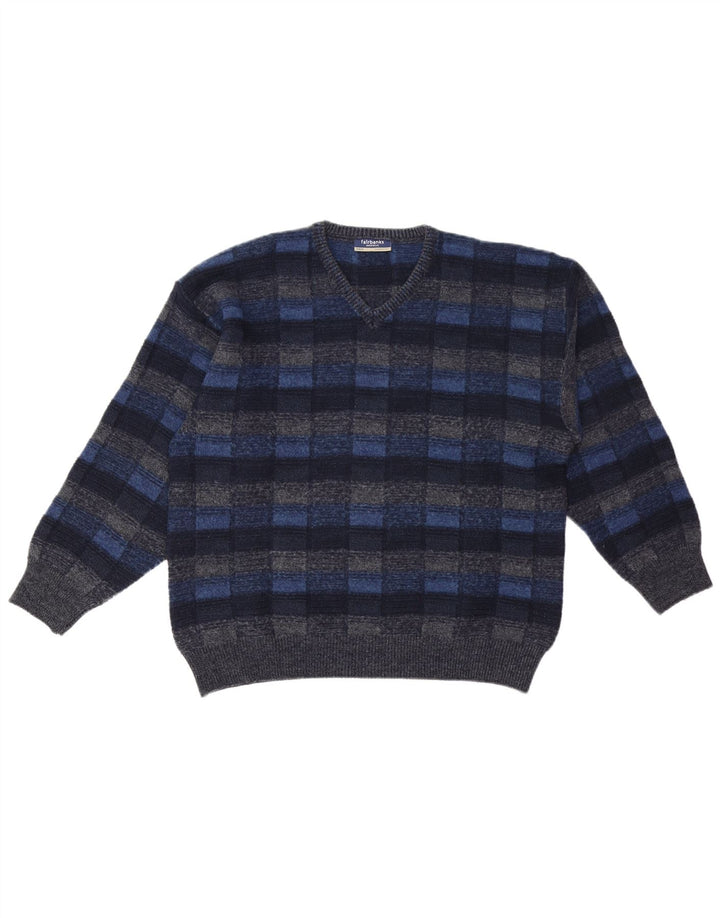 FAIRBANKS Mens V-Neck Jumper Sweater IT 56 XL Navy Blue Check Virgin Wool