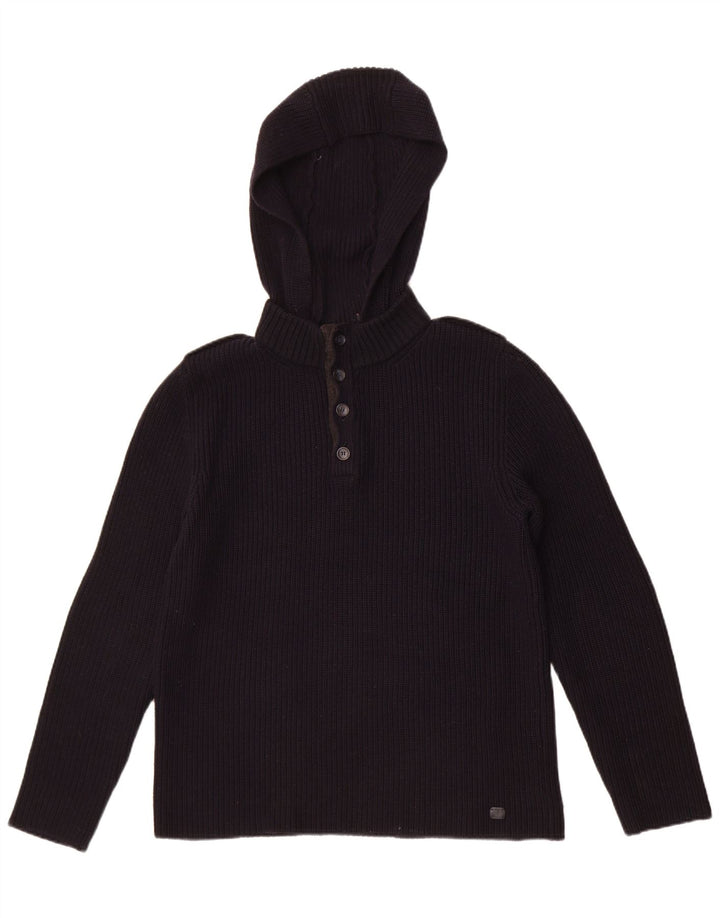 Trussardi Mens Hooded Button Neck Jumper Sweater Medium Navy Blue Wool