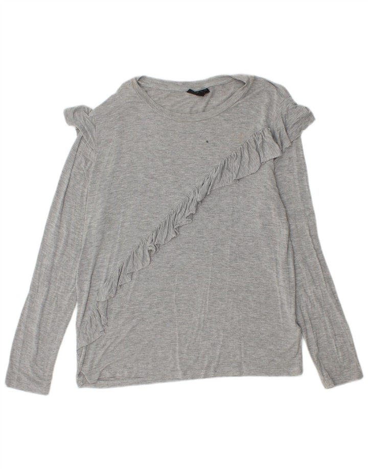 Topshop Womens Ruffle Front Top Long Sleeve UK 12 Medium Grey Flecked