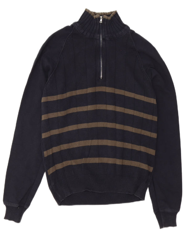 Zara Mens Zip Neck Jumper Sweater Medium Navy Blue Striped