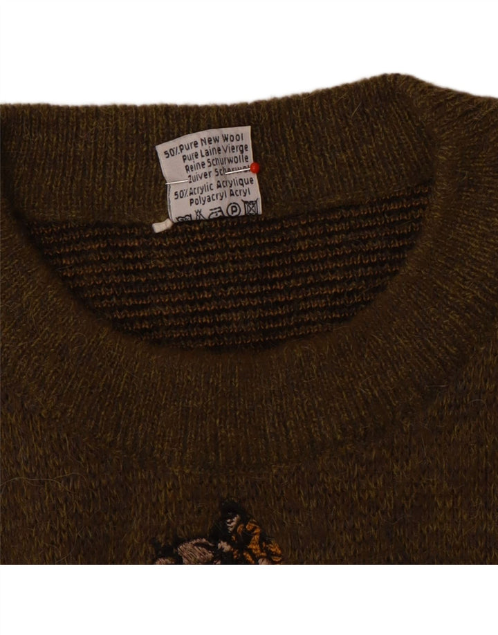 Lasa Mens Crew Neck Jumper Sweater Medium Brown Geometric Wool