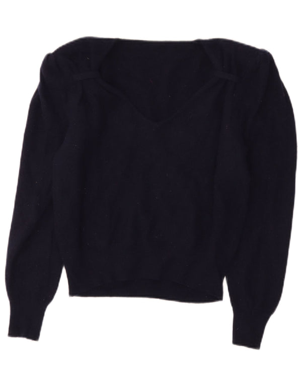 Vintage Womens Crop V-Neck Jumper Sweater IT 44 Medium Navy Blue Wool