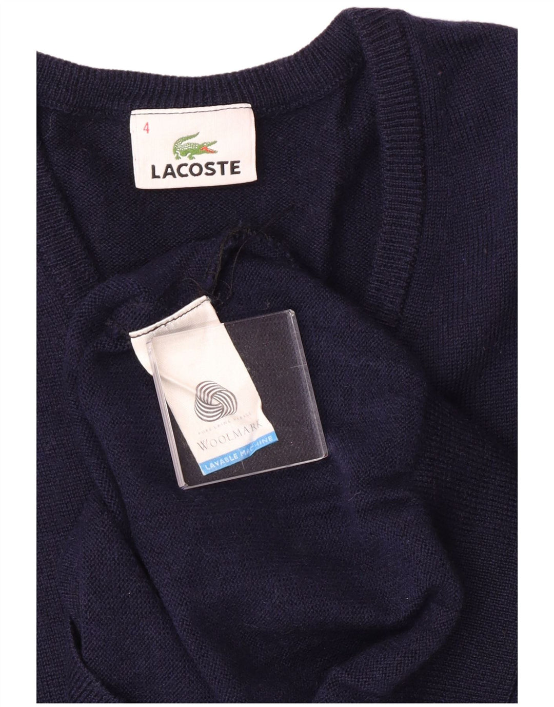 Lacoste Mens V-Neck Jumper Sweater Size 4 Medium Navy Blue Wool
