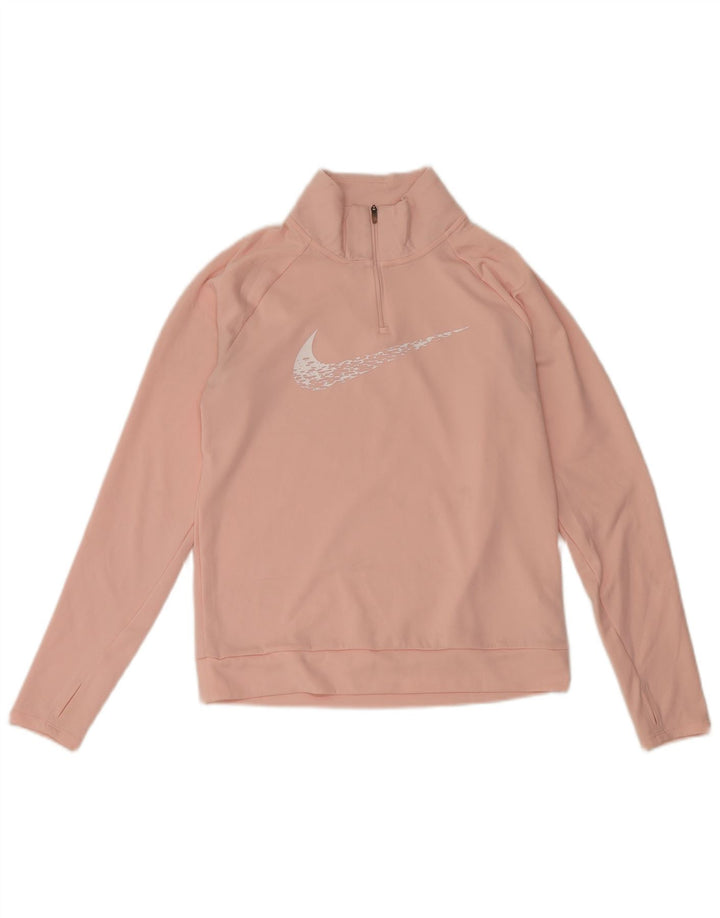 Nike Womens Oversized Graphic Zip Neck Pullover Tracksuit Top UK 6 XS Pink