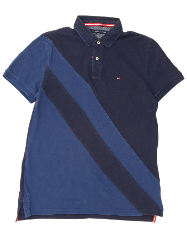 Tommy Hilfiger Mens Polo Shirt Large Navy Blue Striped Cotton