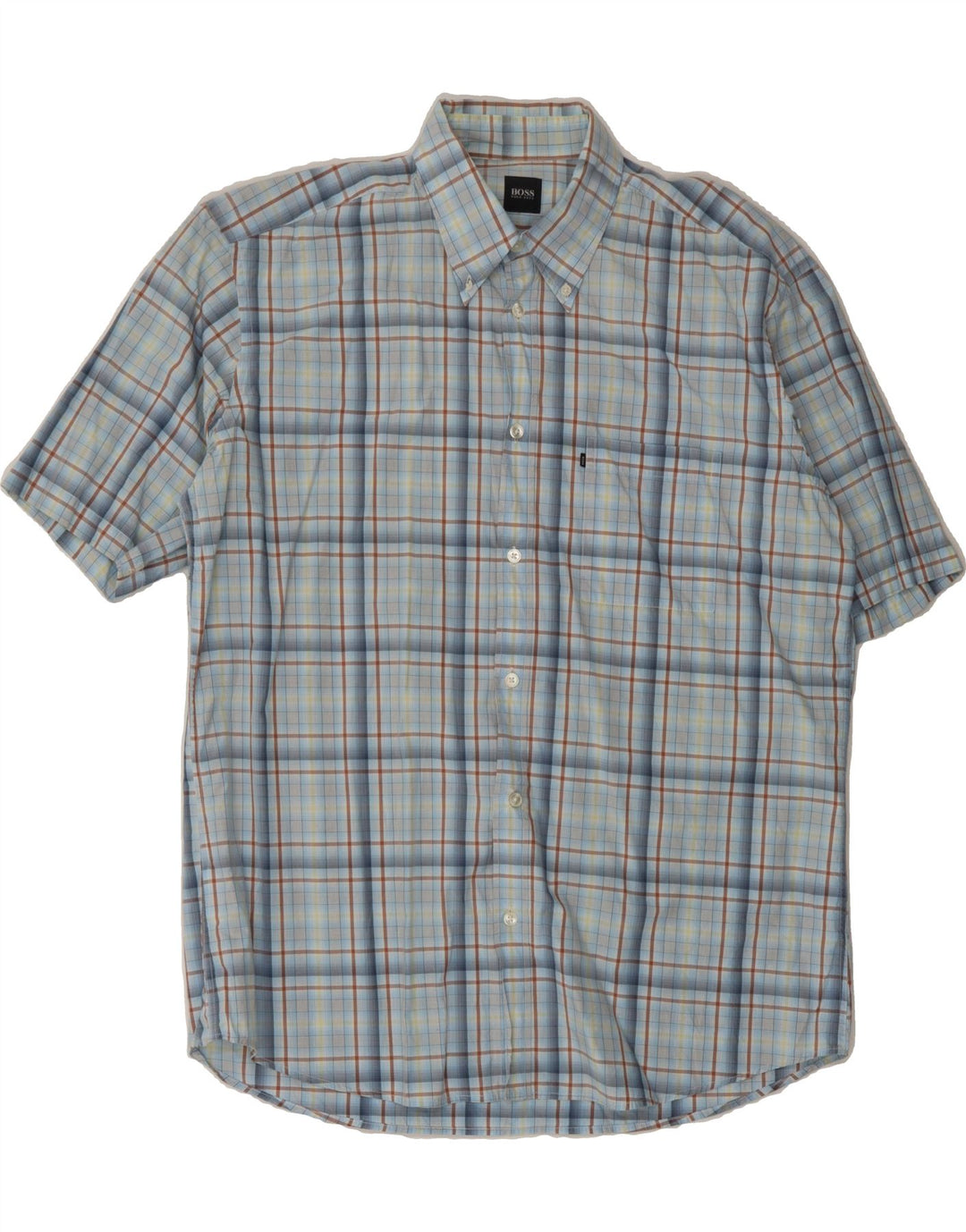 HUGO BOSS Mens Short Sleeve Shirt Large Blue Plaid Vintage Hugo Boss and Second-Hand Hugo Boss from Messina Hembry 