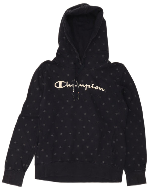 CHAMPION Womens Graphic Hoodie Jumper UK 12 Medium Navy Blue Cotton