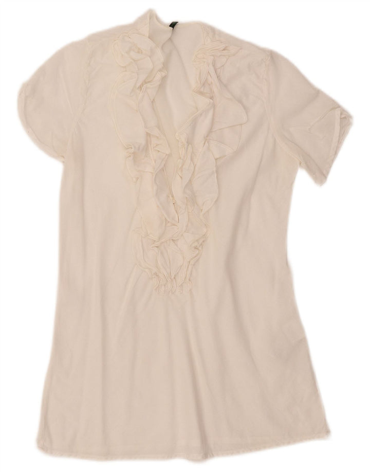 Benetton Womens Ruffle Front Blouse Top UK 10 Small Off White Cotton