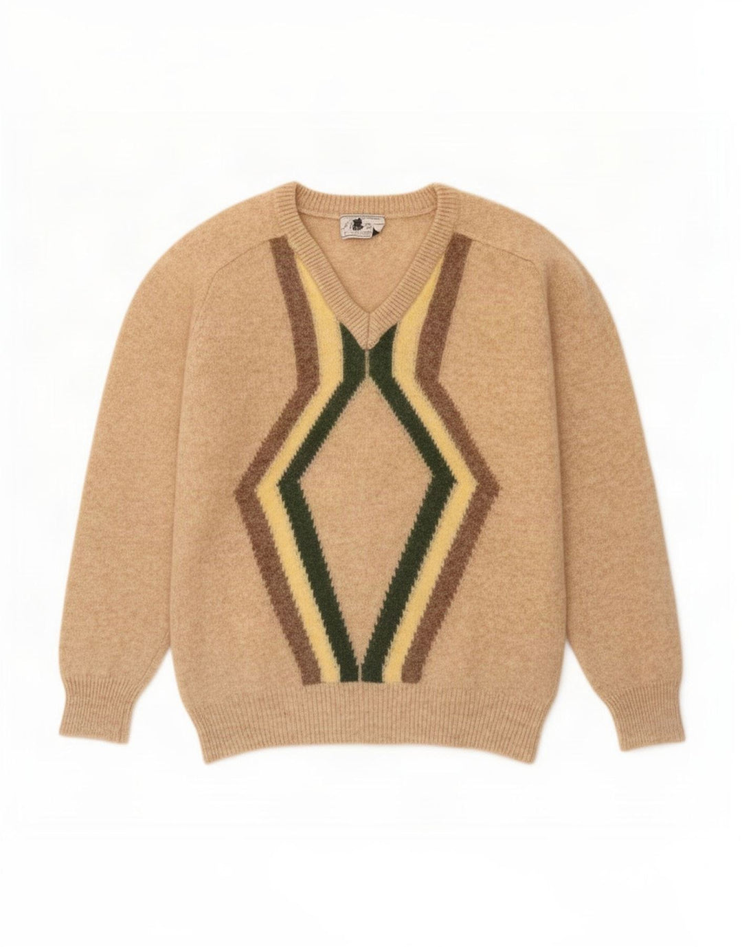 Vintage Mens V-Neck Jumper Sweater Medium Beige Geometric Wool