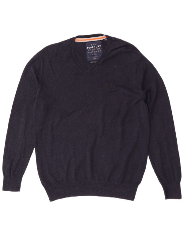 Superdry Mens V-Neck Jumper Sweater XL Navy Blue Cotton