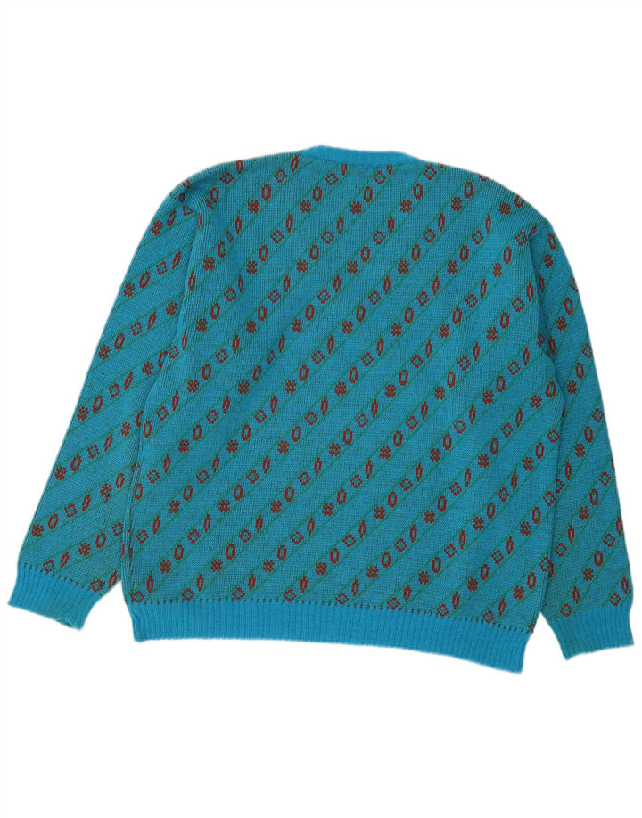 Vintage Mens V-Neck Jumper Sweater Large Blue Geometric Wool
