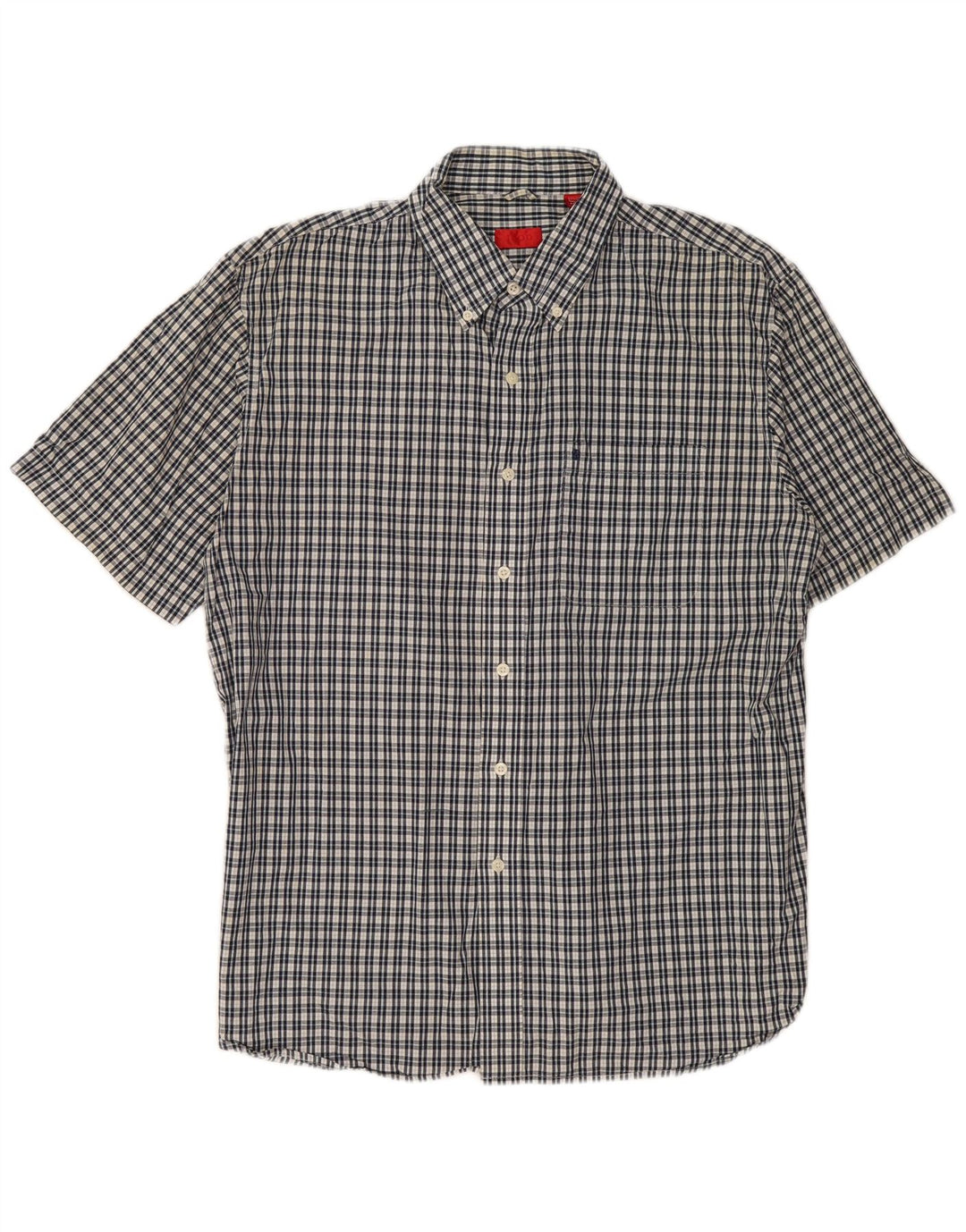 IZOD Mens Short Sleeve Shirt Large Navy Blue Check Cotton