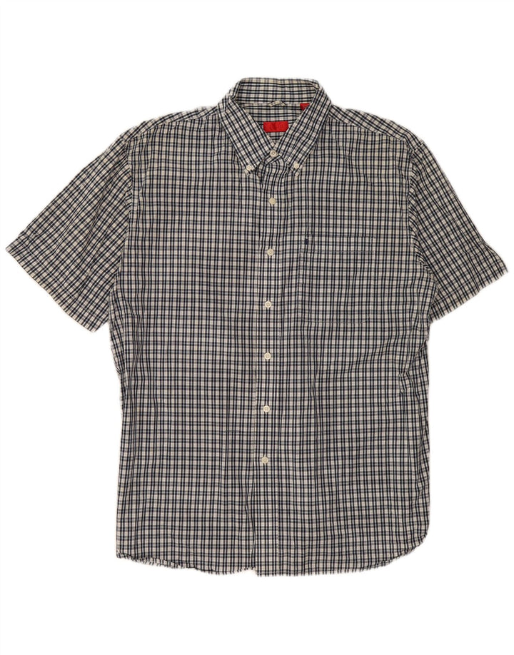 IZOD Mens Short Sleeve Shirt Large Navy Blue Check Cotton