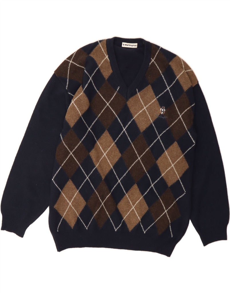 BURLINGTON Mens V-Neck Jumper Sweater IT 52 Large Navy Blue Argyle/Diamond Vintage Burlington and Second-Hand Burlington from Messina Hembry 