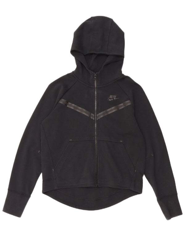 NIKE Girls Zip Hoodie Sweater 12-13 Years Large Black Striped Cotton