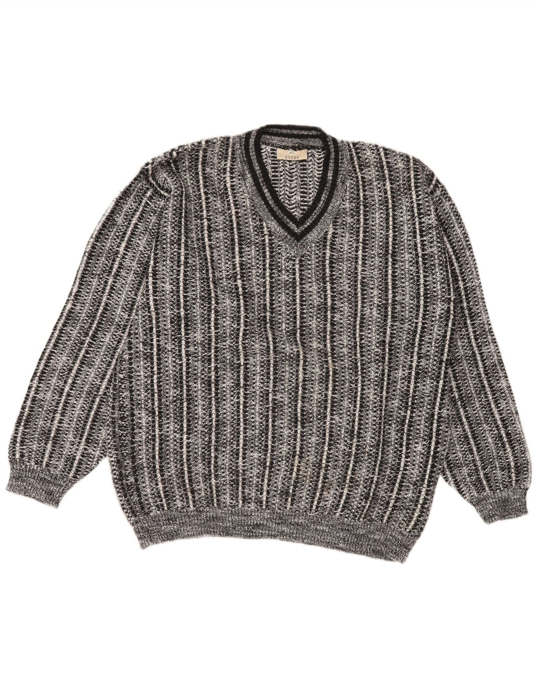 RODES Mens V-Neck Jumper Sweater Large Grey Striped Acrylic