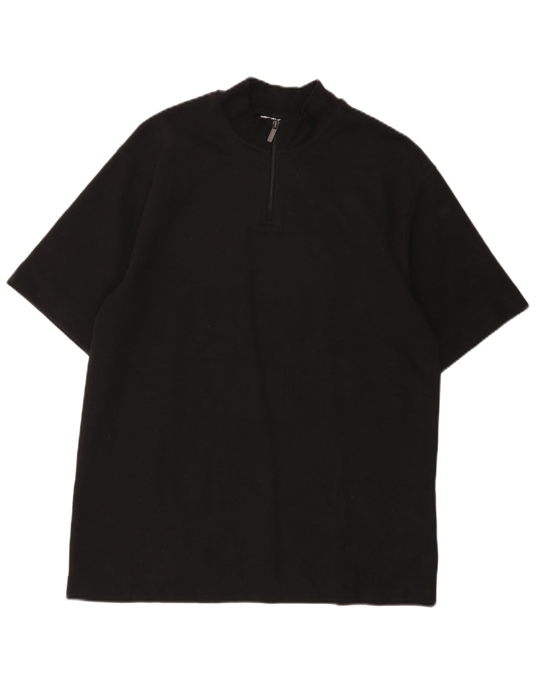 Zara Womens Zip Neck T-Shirt Top UK 14 Medium Black Cotton