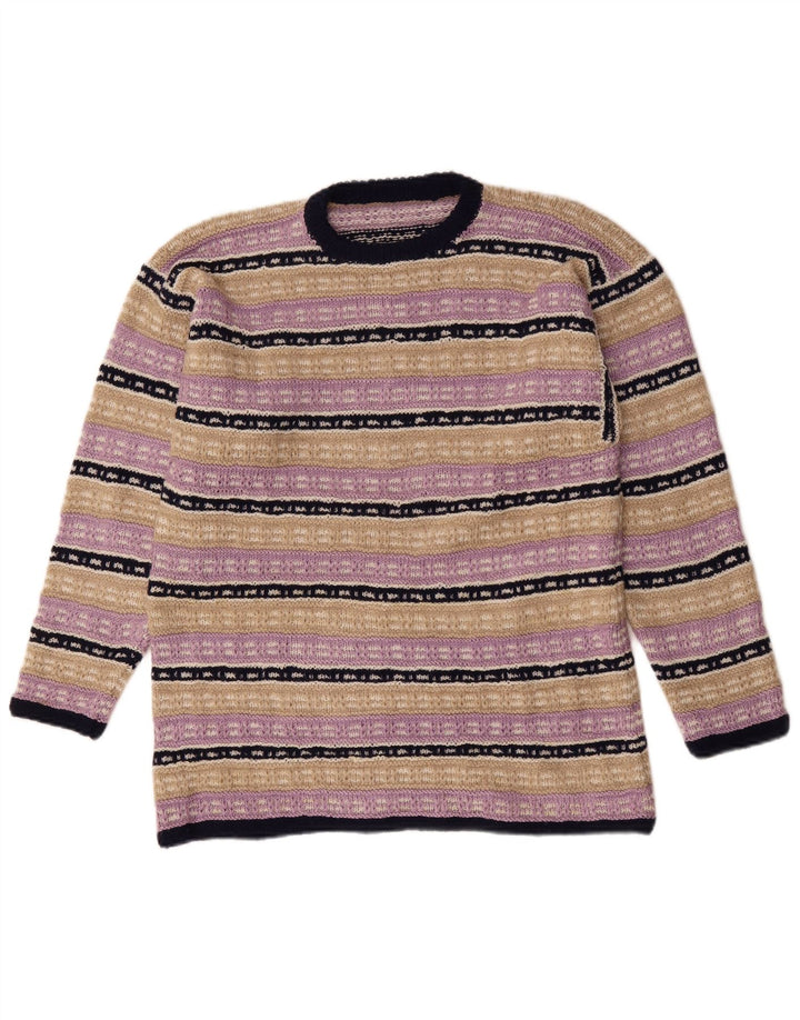 VINTAGE Mens Crew Neck Jumper Sweater Medium Purple Striped