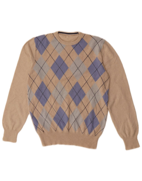 Vintage Womens Crew Neck Jumper Sweater UK 8 Small Beige Argyle/Diamond