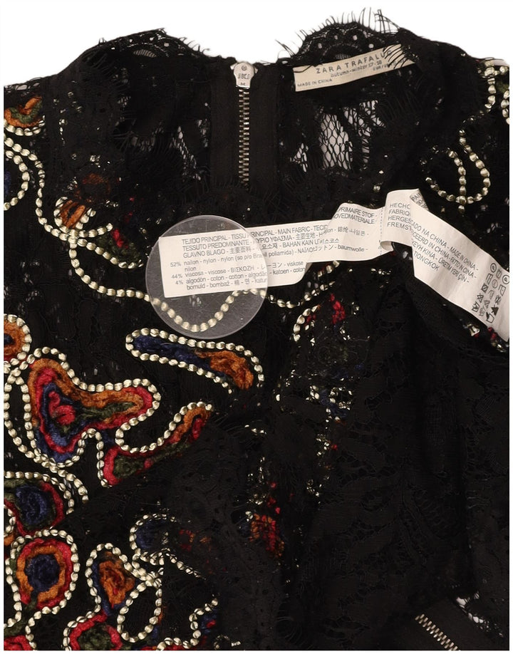 ZARA Womens See Through Lace Blouse Top UK 10 Small Black Floral Nylon