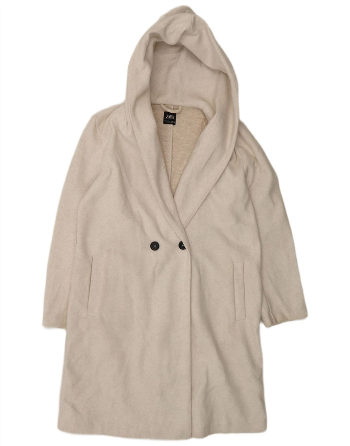 Zara Womens Hooded Oversized Double Breasted Coat UK 10 Small Off White
