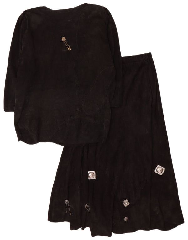 Vintage Womens 3/4 Sleeve Suede 2 Piece Skirt Set UK 12 Medium W28 Black
