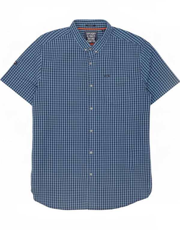 Superdry Mens Short Sleeve Regular Fit Shirt 3XL Navy Blue Gingham Cotton