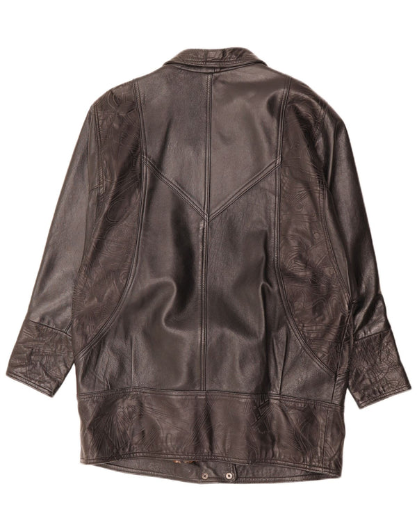 Vintage Womens Leather Coat UK 14 Large Black Geometric Leather