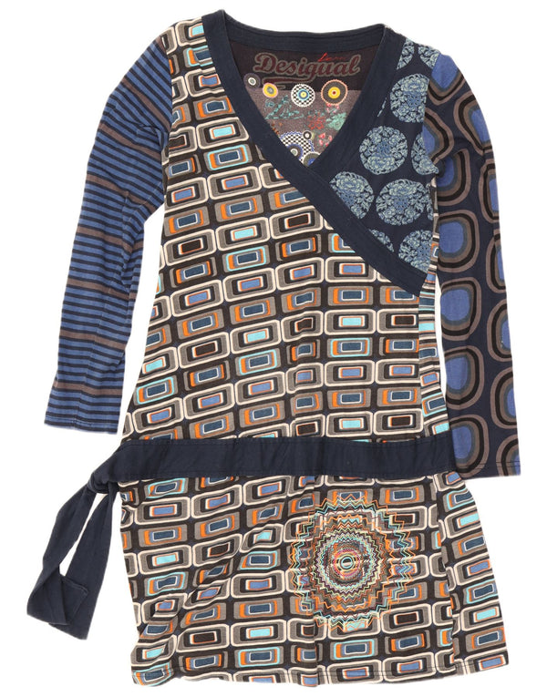 Desigual Womens Graphic Drop Waist Dress UK 14 Large Navy Blue Geometric
