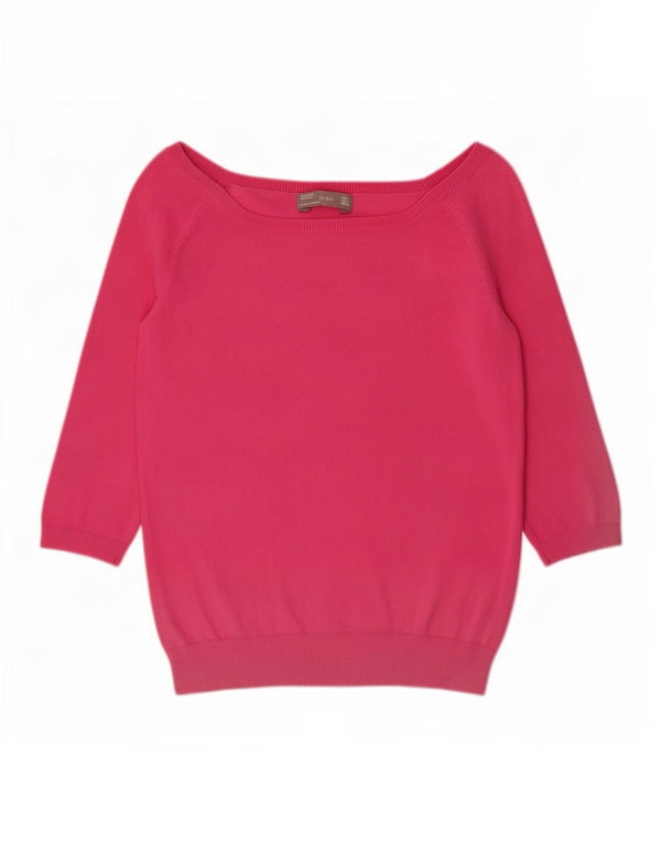 Zara Womens 3/4 Sleeve Boat Neck Jumper Sweater UK 12 Large Pink Cotton