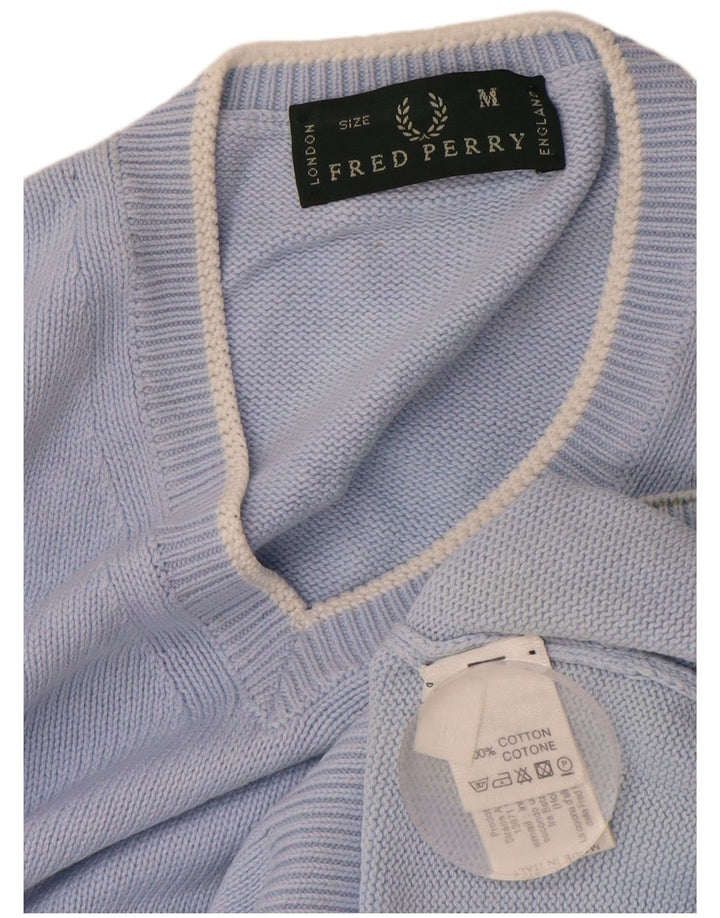 FRED PERRY Mens V-Neck Jumper Sweater Medium Blue Cotton
