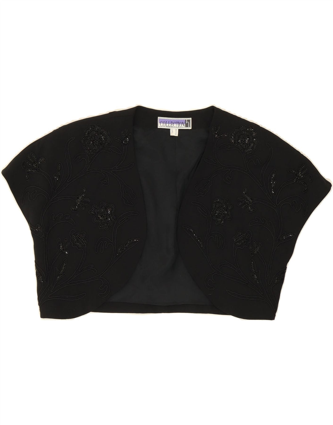 VINTAGE Womens Bolero Top UK 12 Medium Black Floral Polyester Vintage Vintage and Second-Hand Vintage from Messina Hembry 