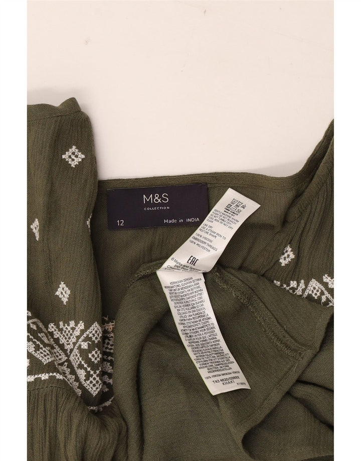 Marks & Spencer Womens Long Sleeve Blouse Top UK 12 Medium Khaki Geometric