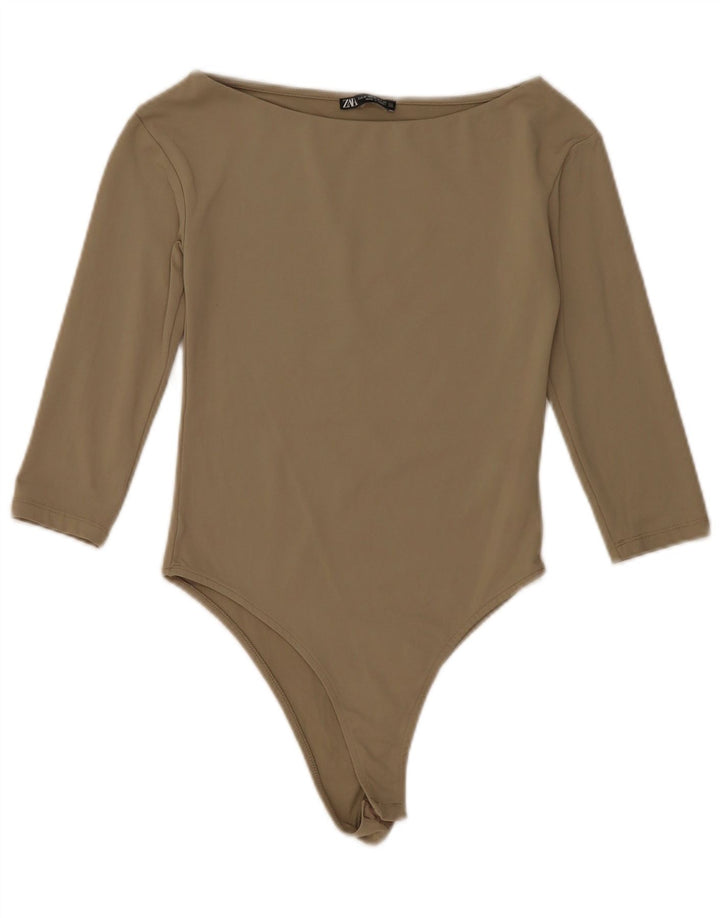 ZARA Womens 3/4 Sleeve Bodysuit UK 12 Medium Khaki Polyamide