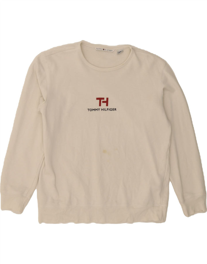 TOMMY HILFIGER Womens Graphic Sweatshirt Jumper UK 14 Medium Off White Vintage Tommy Hilfiger and Second-Hand Tommy Hilfiger from Messina Hembry 