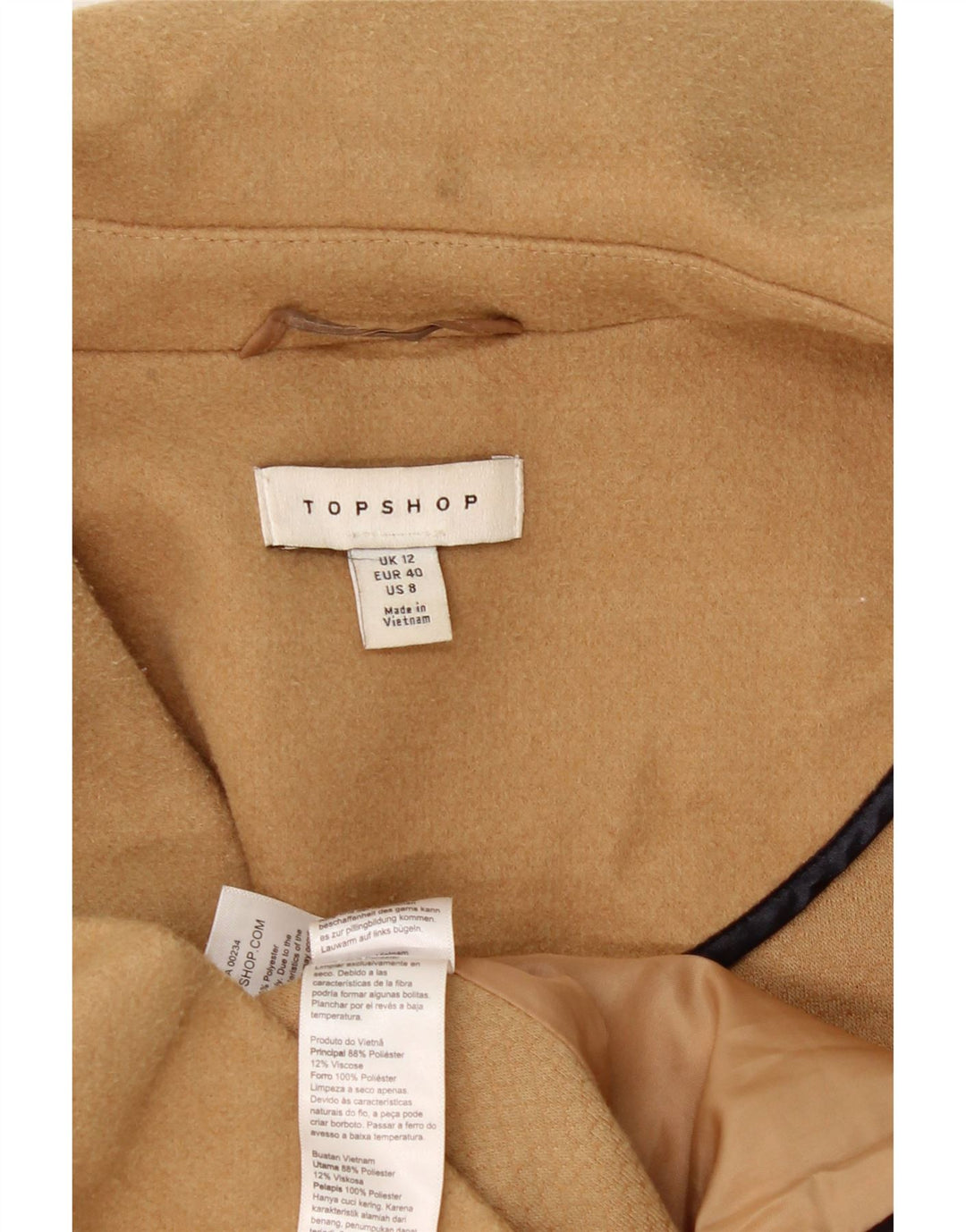 Topshop Womens Double Breasted Coat UK 12 Medium Beige Polyester