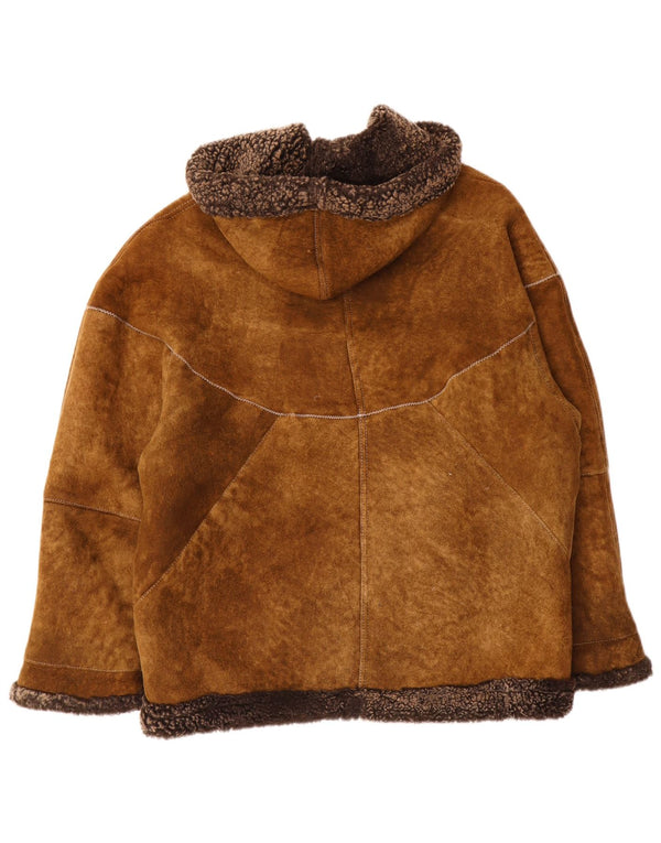 Vintage Womens Hooded Oversized Shearling Jacket IT 44 Medium Brown