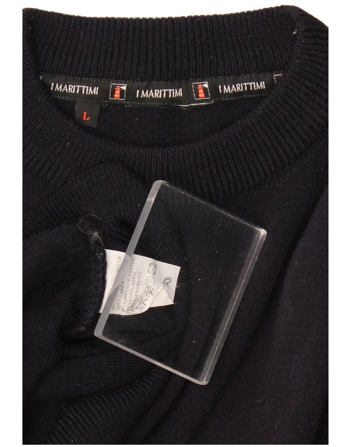 VINTAGE Mens Crew Neck Jumper Sweater Large Navy Blue Cotton