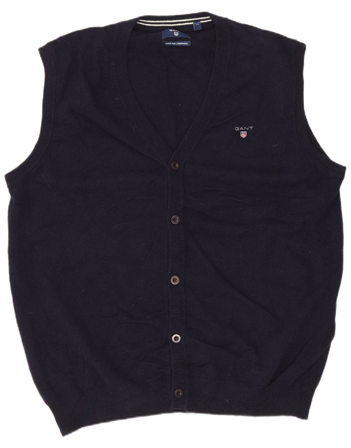 Gant Mens Sleeveless Cardigan Sweater 2XL Navy Blue Lambswool