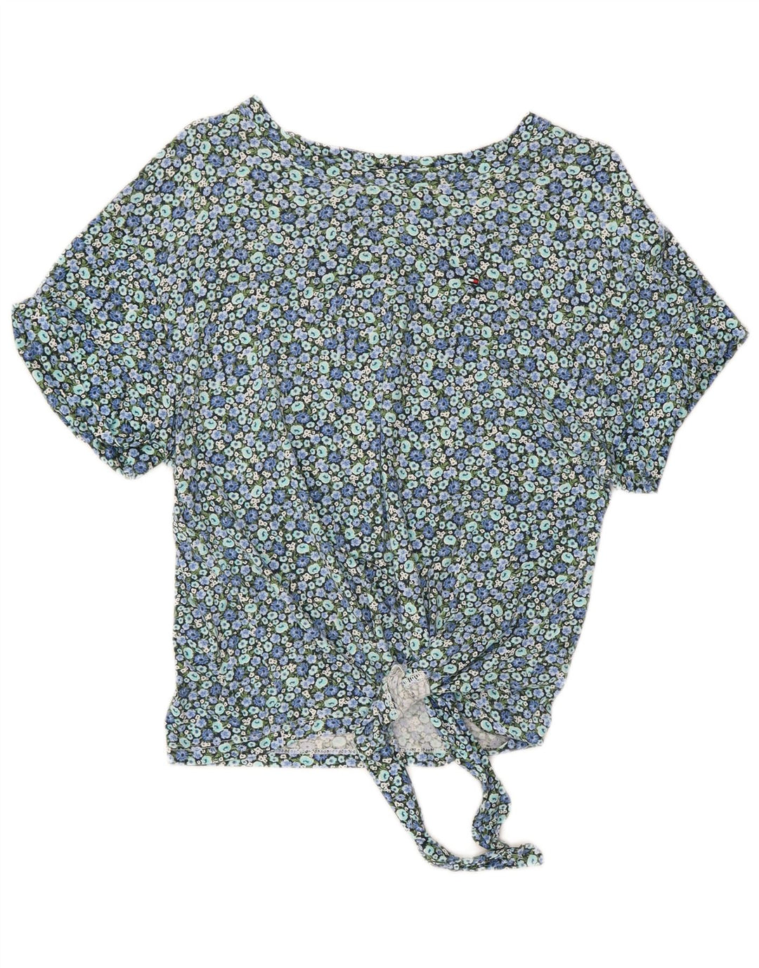 TOMMY HILFIGER Womens Crop Blouse Top UK 10 Small Blue Floral Cotton