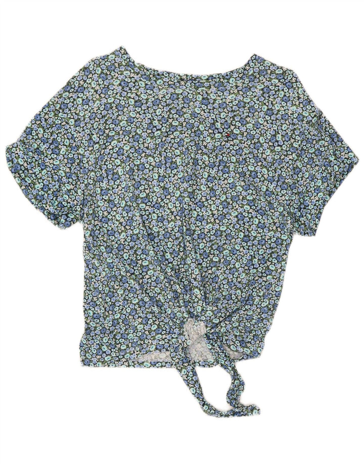 TOMMY HILFIGER Womens Crop Blouse Top UK 10 Small Blue Floral Cotton
