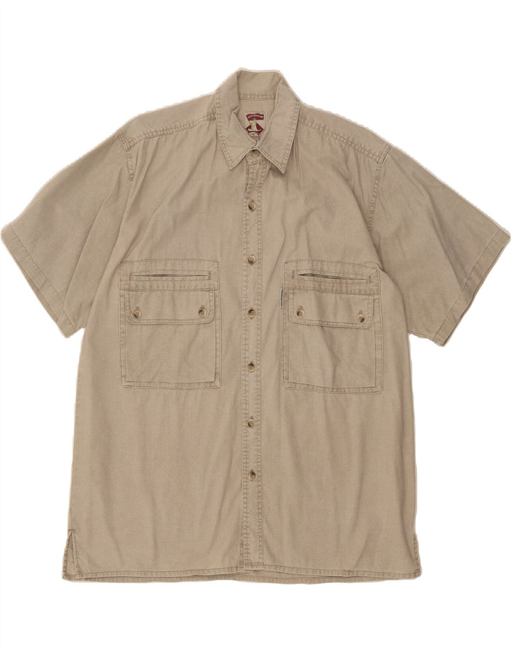 VINTAGE Mens Short Sleeve Shirt Medium Beige Cotton Vintage Vintage and Second-Hand Vintage from Messina Hembry 