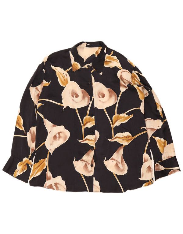 Vintage Womens Shirt Blouse UK 42 2XL Black Floral Polyester