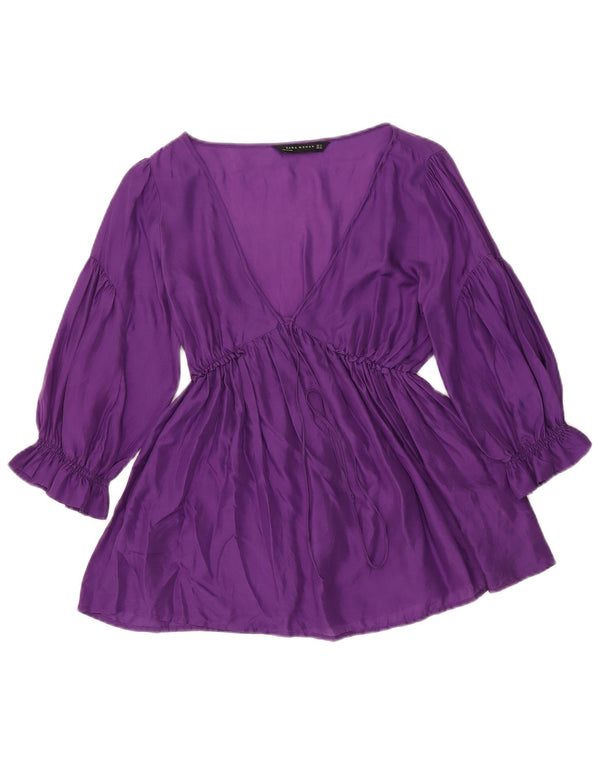 Zara Womens See Through 3/4 Sleeve Blouse Top UK 12 Medium Purple Silk