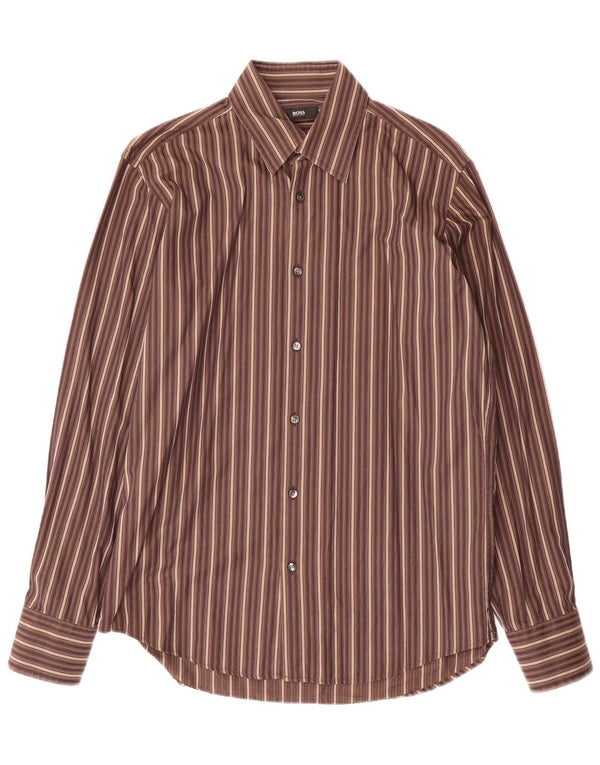 Hugo Boss Mens Shirt Size 39 15 /2 Medium Brown Striped Cotton