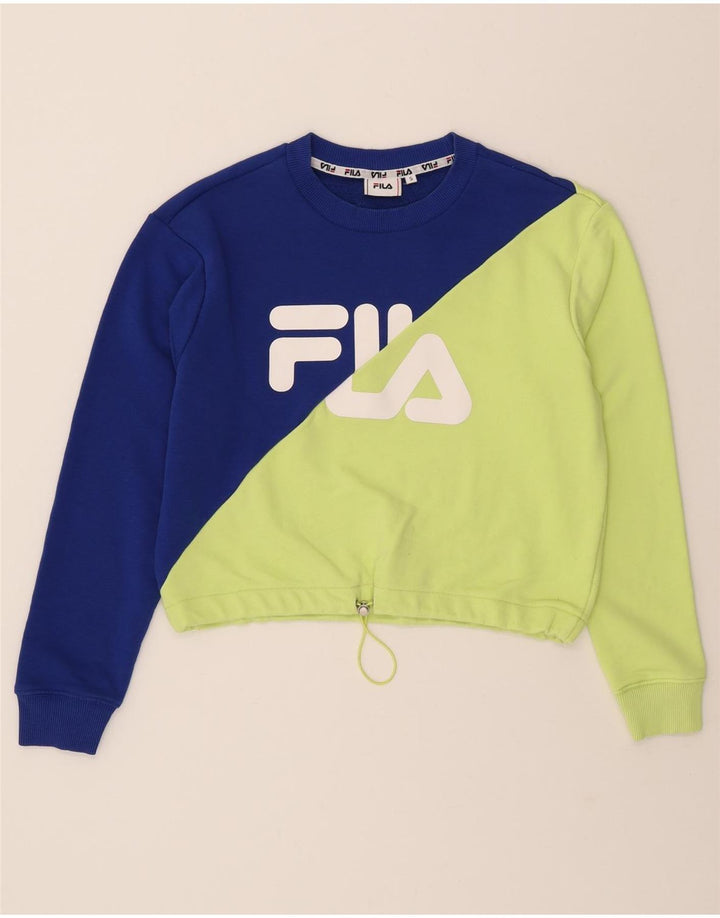 FILA Womens Oversized Sweatshirt Jumper UK 10 Small Navy Blue Colourblock Vintage Fila and Second-Hand Fila from Messina Hembry 